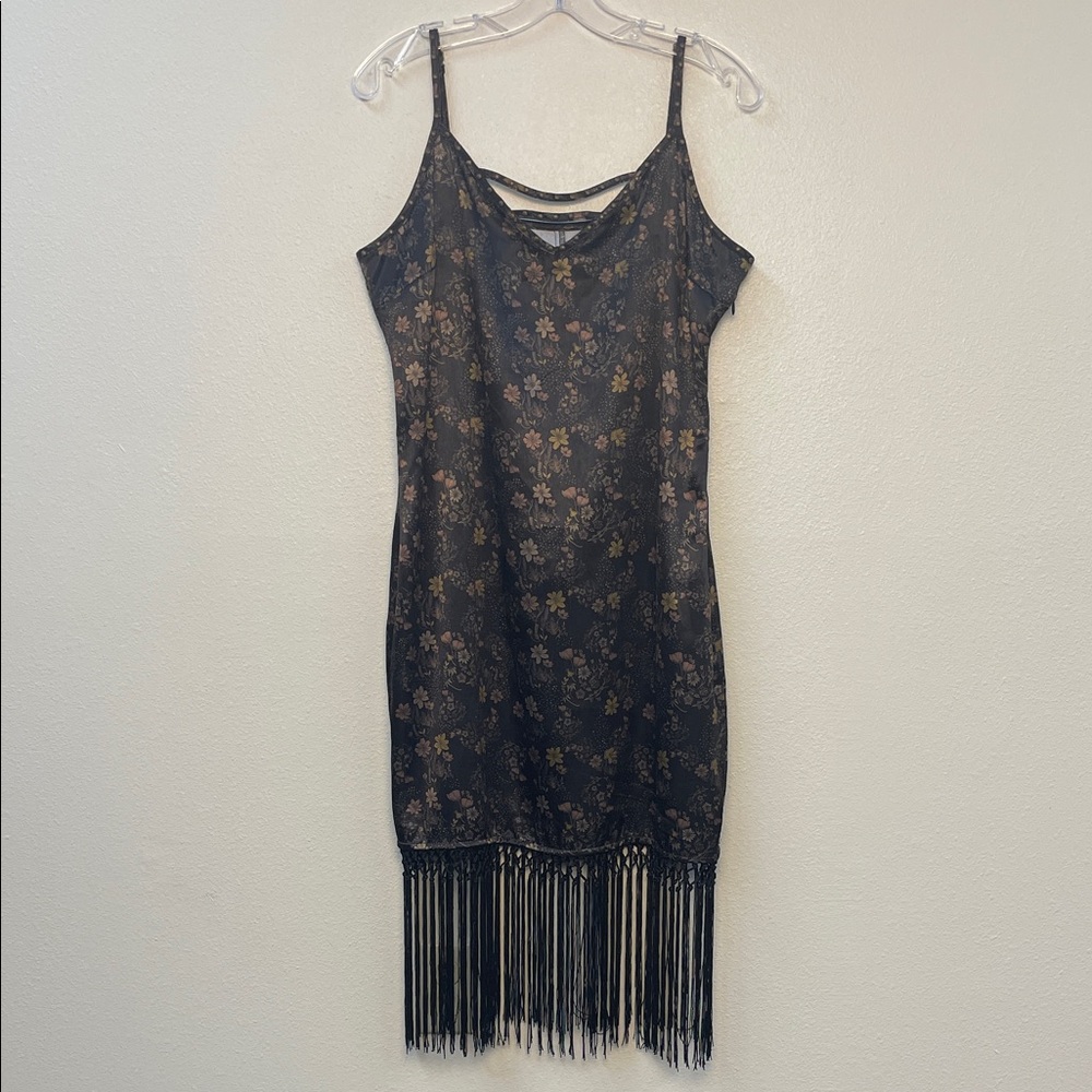 Idyllwind Black Brown Floral Mini Dress Western Goth Fringe Copper Studs WM